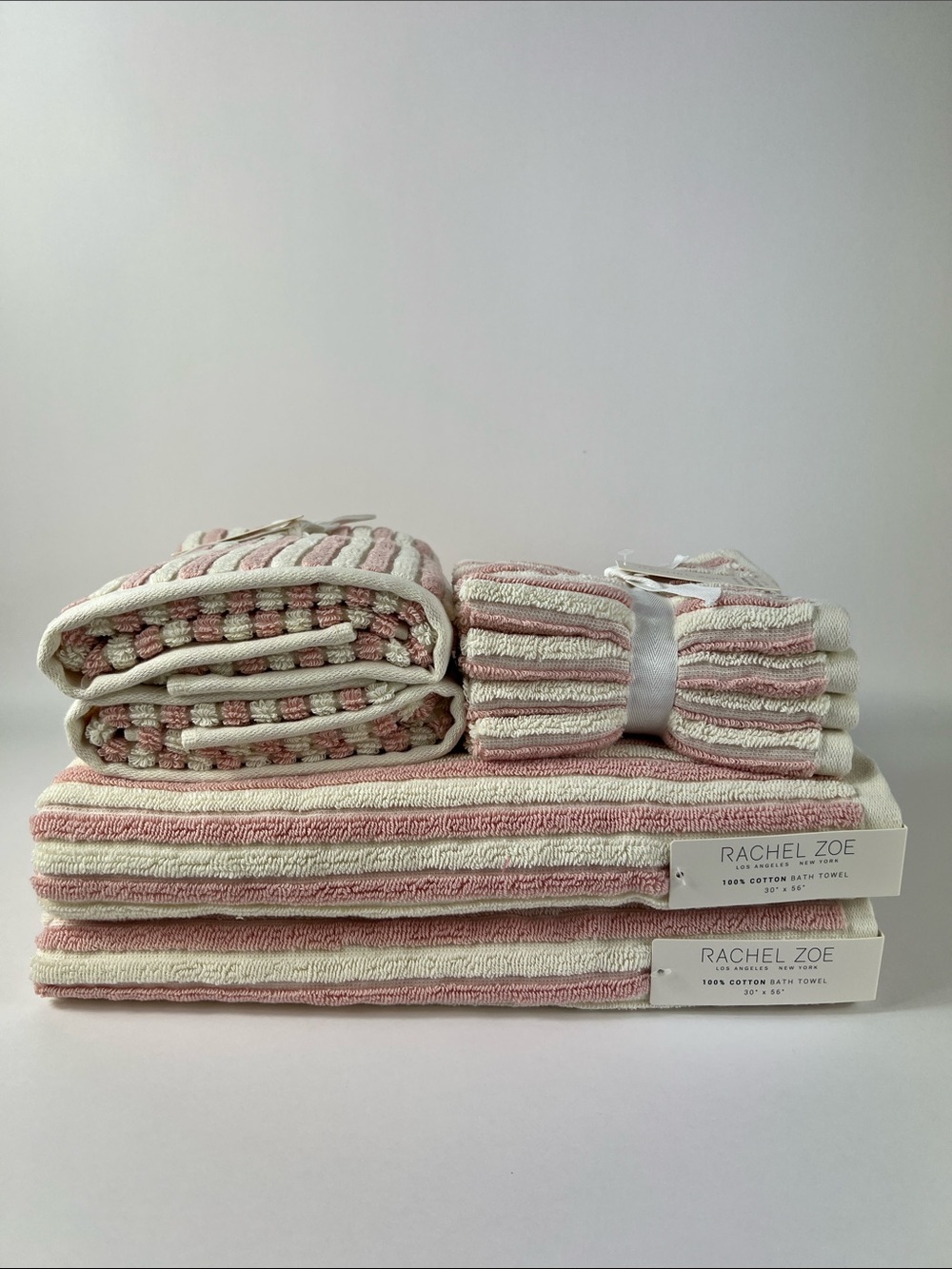 8 Pc Rachel Zoe Bath Towels Set Pink Cream Striped Soft 100% Cotton NEW
